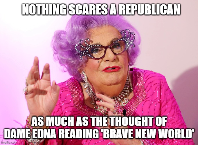 Those are her reading glasses ... | NOTHING SCARES A REPUBLICAN; AS MUCH AS THE THOUGHT OF DAME EDNA READING 'BRAVE NEW WORLD' | image tagged in drag queen,trump,republican,republicans | made w/ Imgflip meme maker