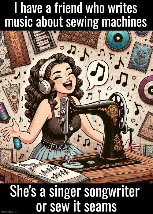 Sew what? | I have a friend who writes music about sewing machines; She's a singer songwriter 
or sew it seams | image tagged in eyeroll | made w/ Imgflip meme maker
