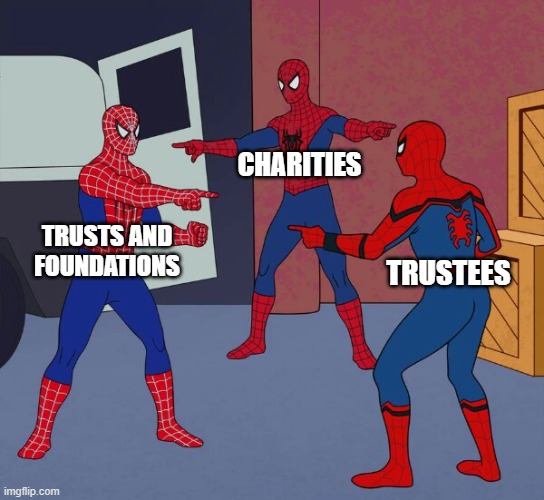 Spider Man Triple | CHARITIES; TRUSTS AND FOUNDATIONS; TRUSTEES | image tagged in spider man triple | made w/ Imgflip meme maker