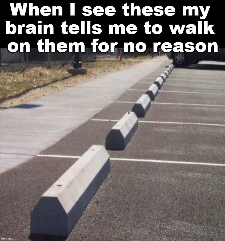 Always have to walk on them | When I see these my 
brain tells me to walk 
on them for no reason | image tagged in parking lot | made w/ Imgflip meme maker