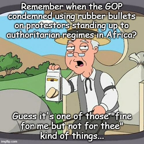 Then again... maybe their objections were more a case of "why use rubber bullets when you have  perfectly good FMJs?" | Remember when the GOP condemned using rubber bullets on protestors standing up to authoritarian regimes in Africa? Guess it's one of those "fine
for me but not for thee"
kind of things... | image tagged in memes,pepperidge farm remembers,gop,double standards | made w/ Imgflip meme maker