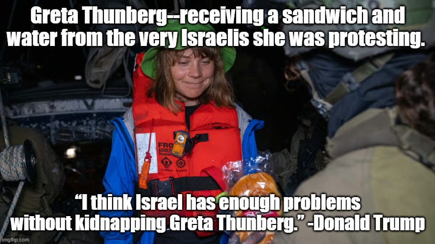 Professional protestor Greta Thunberg | Greta Thunberg--receiving a sandwich and water from the very Israelis she was protesting. “I think Israel has enough problems without kidnapping Greta Thunberg.” -Donald Trump | image tagged in greta thunberg | made w/ Imgflip meme maker