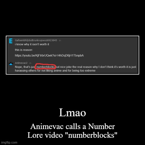 for anyone wondering this is the video: https://youtu.be/KjFtrbrUQwk?si=I4hDqD6jH1TbnpbA | Lmao | Animevac calls a Number Lore video "numberblocks" | image tagged in funny,demotivationals,wlw | made w/ Imgflip demotivational maker