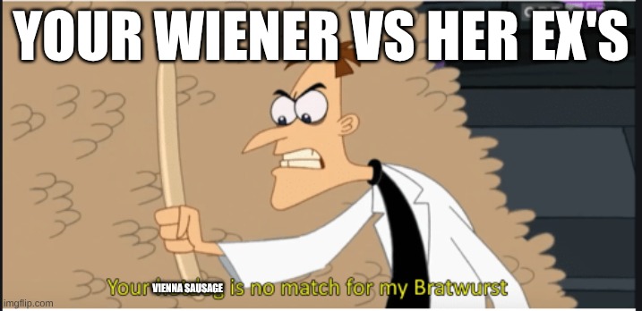 your hot dog is no match for my bratwurst | YOUR WIENER VS HER EX'S; VIENNA SAUSAGE | image tagged in your hot dog is no match for my bratwurst | made w/ Imgflip meme maker