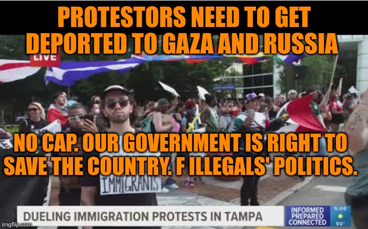 Funny | PROTESTORS NEED TO GET DEPORTED TO GAZA AND RUSSIA; NO CAP. OUR GOVERNMENT IS RIGHT TO SAVE THE COUNTRY. F ILLEGALS' POLITICS. | image tagged in funny,us government,illegals,deportation,politics,save | made w/ Imgflip meme maker