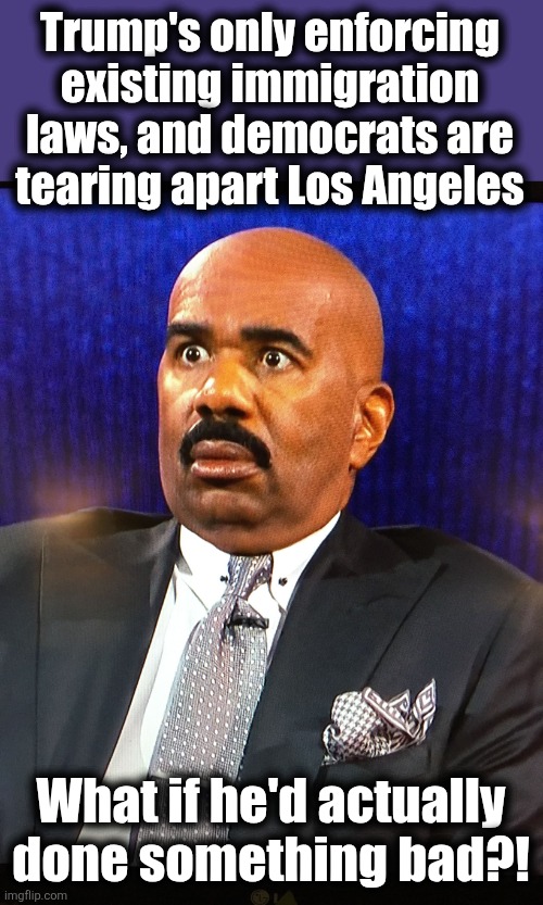 Insanity! | Trump's only enforcing existing immigration laws, and democrats are
tearing apart Los Angeles; What if he'd actually
done something bad?! | image tagged in steve harvey wtf face,memes,illegal immigrants,immigration laws,democrats,los angeles riots | made w/ Imgflip meme maker