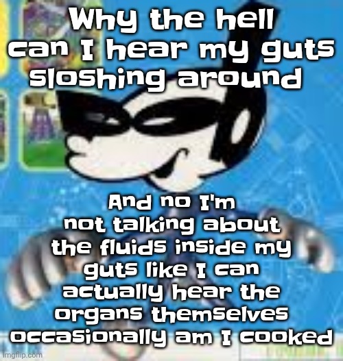 Wheauhuehuhuhyuey?????????????? | And no I'm not talking about the fluids inside my guts like I can actually hear the organs themselves occasionally am I cooked; Why the hell can I hear my guts sloshing around | image tagged in wheauhuehuhuhyuey | made w/ Imgflip meme maker