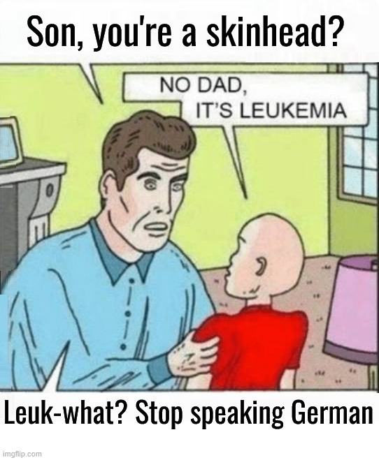 When you are dumb | Son, you're a skinhead? Leuk-what? Stop speaking German | image tagged in dark humor | made w/ Imgflip meme maker