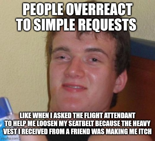 10 Guy Meme | PEOPLE OVERREACT TO SIMPLE REQUESTS; LIKE WHEN I ASKED THE FLIGHT ATTENDANT TO HELP ME LOOSEN MY SEATBELT BECAUSE THE HEAVY VEST I RECEIVED FROM A FRIEND WAS MAKING ME ITCH | image tagged in memes,10 guy | made w/ Imgflip meme maker