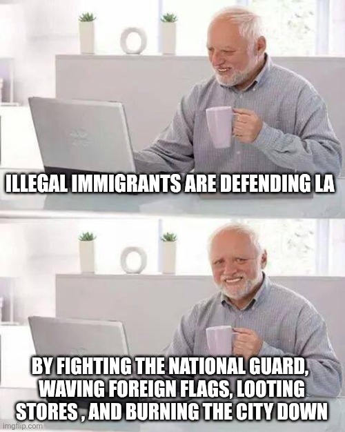 Hide the Pain Harold | ILLEGAL IMMIGRANTS ARE DEFENDING LA; BY FIGHTING THE NATIONAL GUARD, 
WAVING FOREIGN FLAGS, LOOTING STORES , AND BURNING THE CITY DOWN | image tagged in memes,hide the pain harold | made w/ Imgflip meme maker