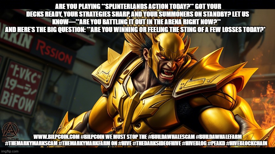 ARE YOU PLAYING **SPLINTERLANDS ACTION TODAY?** GOT YOUR DECKS READY, YOUR STRATEGIES SHARP, AND YOUR SUMMONERS ON STANDBY? LET US KNOW—**ARE YOU BATTLING IT OUT IN THE ARENA RIGHT NOW?**  
AND HERE’S THE BIG QUESTION: **ARE YOU WINNING OR FEELING THE STING OF A FEW LOSSES TODAY?*; WWW.BILPCOIN.COM #BILPCOIN WE MUST STOP THE #BUILDAWHALESCAM #BUILDAWHALEFARM #THEMARKYMARKSCAM #THEMARKYMARKFARM ON #HIVE #THEDARKSIDEOFHIVE #HIVEBLOG #PEAKD #HIVEBLOCKCHAIN | made w/ Imgflip meme maker