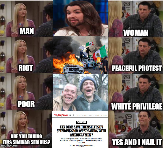 How to speak to an american man, say what the eyes can see. The 20M, please. | MAN; WOMAN; RIOT; PEACEFUL PROTEST; POOR; WHITE PRIVILEGE; ARE YOU TAKING THIS SIMINAR SERIOUS? YES AND I NAIL IT | image tagged in phoebe joey,democrats | made w/ Imgflip meme maker