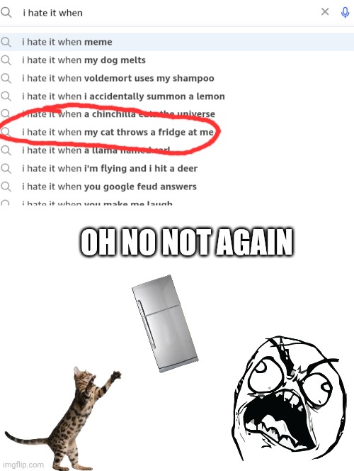 Yeet the fridge | OH NO NOT AGAIN | image tagged in blank white template | made w/ Imgflip meme maker