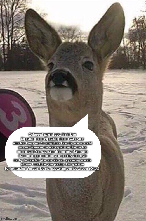 deer yap session | Collapsed against you, I'm in love Squeaking here Squeaking there I want your attention Carry me I'm weightless Here for you so could you just Squeeze me and squish me Bite me but not too hard You say pass that pooltoy Make sure that I don't pop I could be your pooltoy Just grab me by the handles You can ride me, squeaking sounds all over I could be your pooltoy Just grab me by the handles You can ride me, squeaking sounds all over (Okay) | image tagged in deer yap session | made w/ Imgflip meme maker