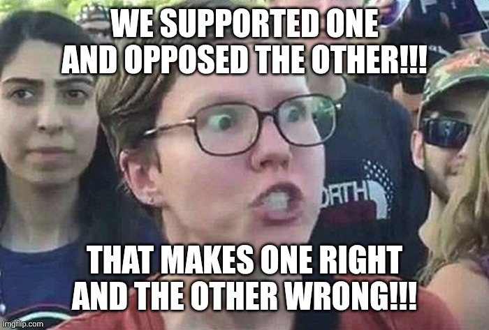 Triggered Liberal | WE SUPPORTED ONE AND OPPOSED THE OTHER!!! THAT MAKES ONE RIGHT AND THE OTHER WRONG!!! | image tagged in triggered liberal | made w/ Imgflip meme maker