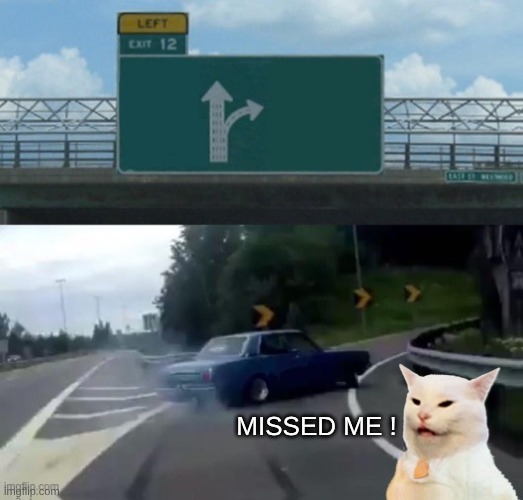 MISSED ME ! | image tagged in left exit 12 off ramp,smudge the cat,missing,texting and driving,cat meme,malignant narcissism | made w/ Imgflip meme maker