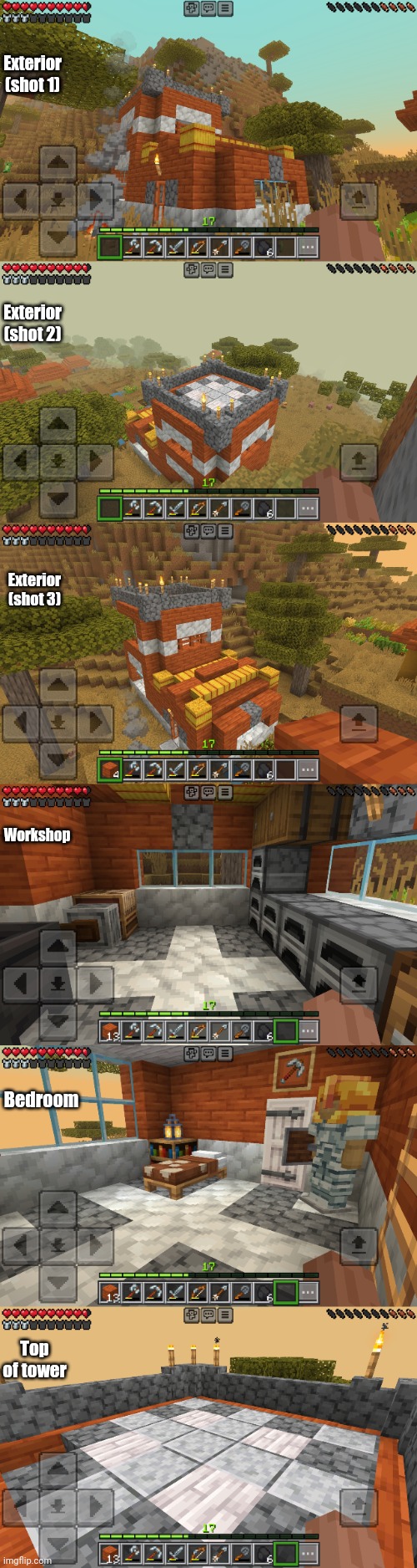 I expanded my base, rate it | Exterior (shot 1); Exterior (shot 2); Exterior (shot 3); Workshop; Bedroom; Top of tower | made w/ Imgflip meme maker