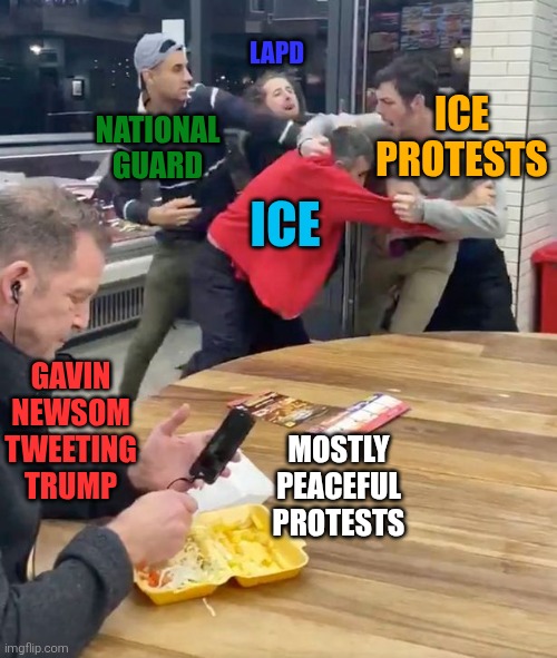 Lost Angeles | LAPD; ICE PROTESTS; NATIONAL GUARD; ICE; GAVIN NEWSOM TWEETING TRUMP; MOSTLY PEACEFUL PROTESTS | image tagged in mostly peaceful protests,trump v newsom,ice,fight,national guard,mess | made w/ Imgflip meme maker