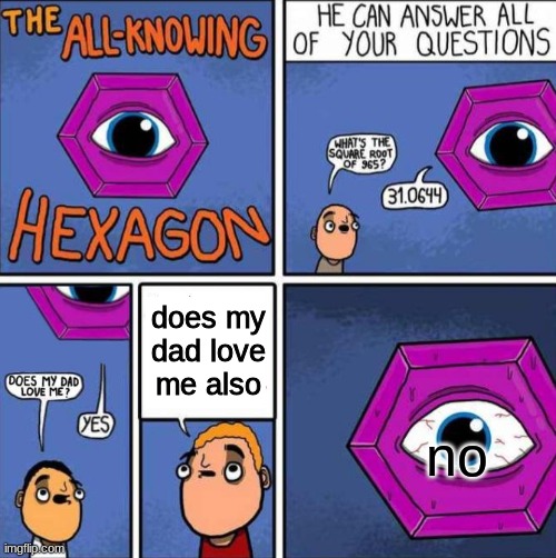 All knowing hexagon (ORIGINAL) | does my dad love me also; no | image tagged in all knowing hexagon original | made w/ Imgflip meme maker