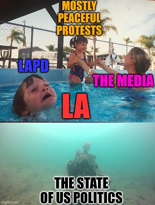 Going Swimmingly | MOSTLY PEACEFUL PROTESTS; LAPD; THE MEDIA; LA; THE STATE OF US POLITICS | image tagged in downtown la,overwhelmed,la protests,la riots,trump | made w/ Imgflip meme maker