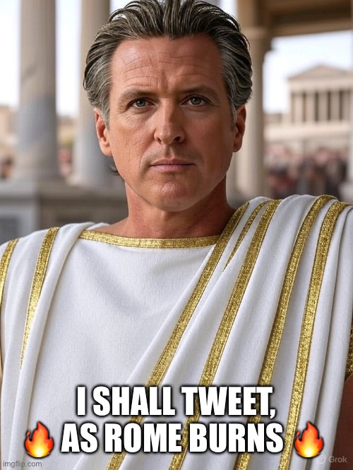 Gavin tweets as Rome burns | I SHALL TWEET,
🔥 AS ROME BURNS 🔥 | image tagged in gavin newsom,ice raids,la,riots,trump,national guard | made w/ Imgflip meme maker