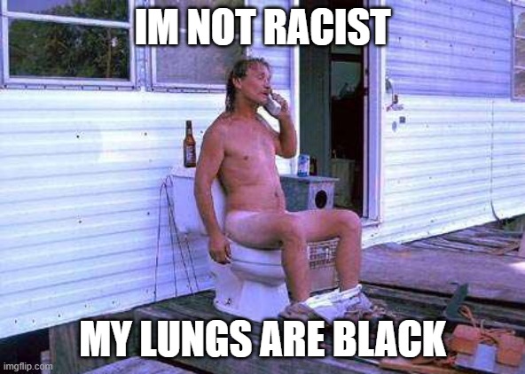 smokers | IM NOT RACIST; MY LUNGS ARE BLACK | image tagged in redneck toilet | made w/ Imgflip meme maker