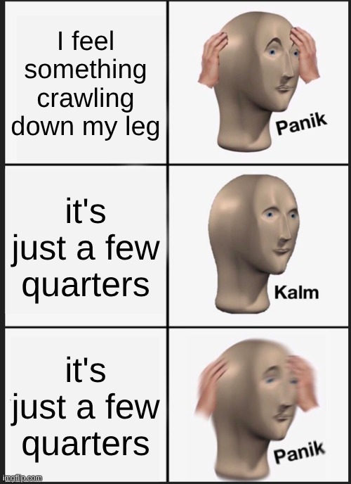 Panik Kalm Panik | I feel something crawling down my leg; it's just a few quarters; it's just a few quarters | image tagged in memes,panik kalm panik | made w/ Imgflip meme maker