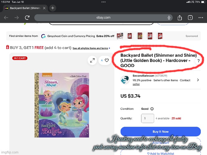 Online Store Returns - Pink Sewing Machine | I freaking need to exchange the faulty pink sewing machine in for that or any item on eBay | image tagged in ebay,amazon,online,shopping cart,shopping,online shopping | made w/ Imgflip meme maker