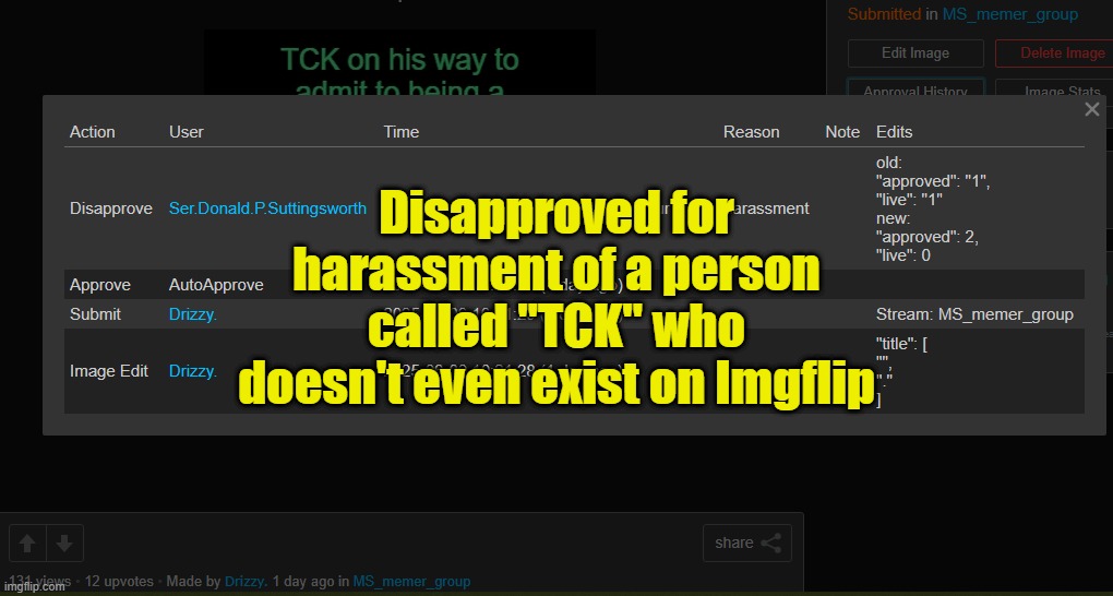 . | Disapproved for harassment of a person called "TCK" who doesn't even exist on Imgflip | made w/ Imgflip meme maker
