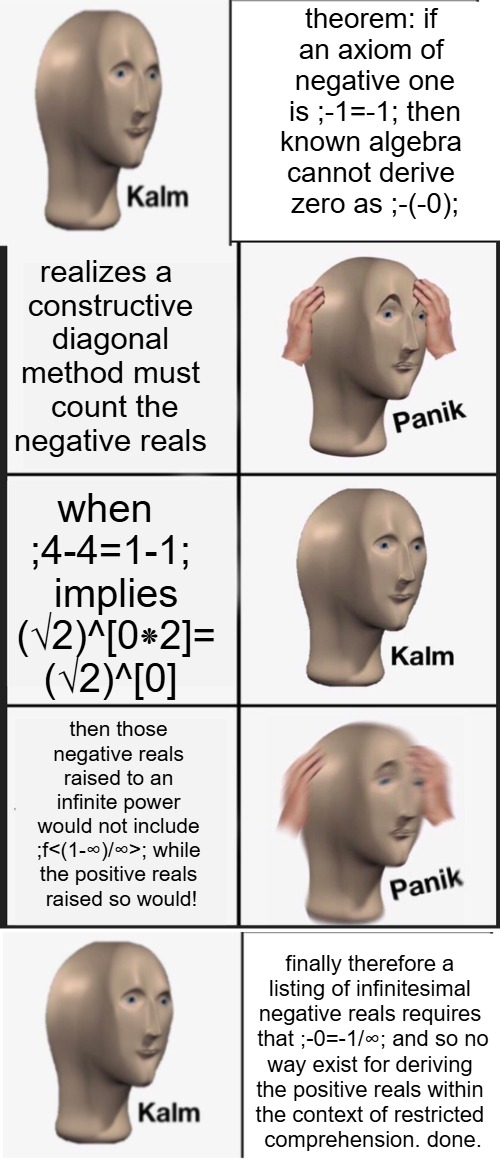 ■ enjoy mystery follower | theorem: if 
an axiom of 
negative one
 is ;-1=-1; then 
known algebra 
cannot derive 
zero as ;-(-0);; realizes a 
constructive
 diagonal 
method must
 count the
 negative reals; when 
;4-4=1-1;
 implies
 (√2)^[0⁕2]=
(√2)^[0]; then those 
negative reals 
raised to an 
infinite power 
would not include 
;f<(1-∞)/∞>; while 
the positive reals 
raised so would! finally therefore a 
listing of infinitesimal 
negative reals requires 
that ;-0=-1/∞; and so no
way exist for deriving 
the positive reals within 
the context of restricted 
comprehension. done. | image tagged in memes,panik kalm panik,zero is not algebraically constructible | made w/ Imgflip meme maker