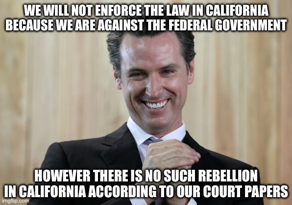 Liberal Logic: Gavin Newsome. Also Gavin Newsome. | WE WILL NOT ENFORCE THE LAW IN CALIFORNIA BECAUSE WE ARE AGAINST THE FEDERAL GOVERNMENT; HOWEVER THERE IS NO SUCH REBELLION IN CALIFORNIA ACCORDING TO OUR COURT PAPERS | image tagged in scheming gavin newsom,illegal immigration,deportation,rebellion | made w/ Imgflip meme maker