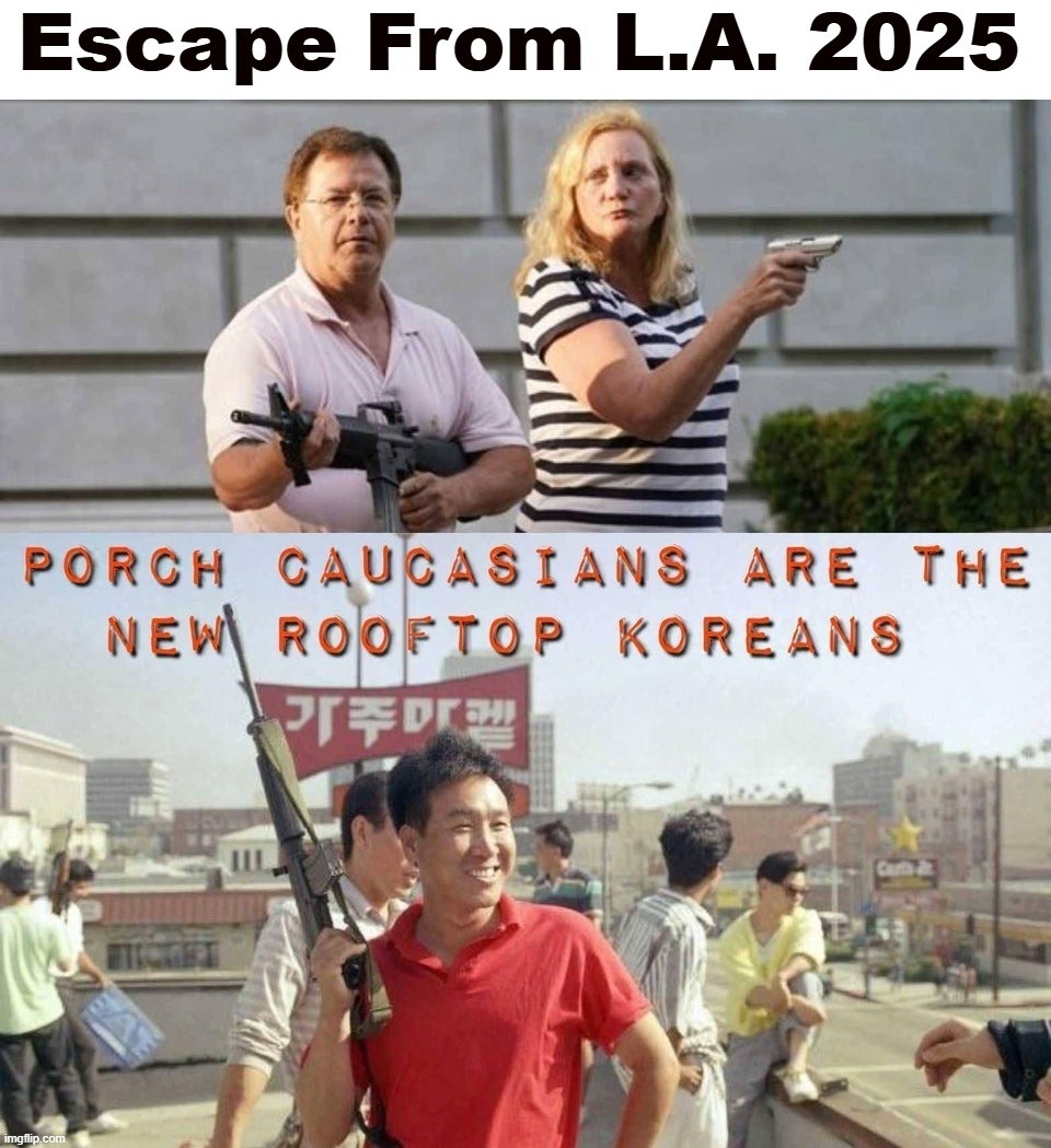 Escape From L.A. 2025: You Loot, We Shoot! | image tagged in escape from la,porch caucasians,rooftop koreans,los angeles riots,looters,fuck around and find out | made w/ Imgflip meme maker