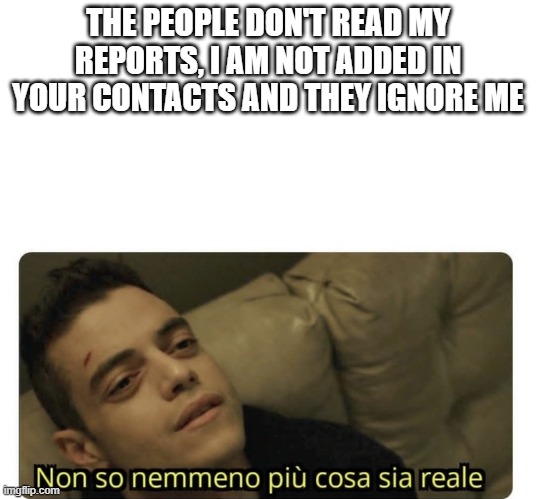 reports | THE PEOPLE DON'T READ MY REPORTS, I AM NOT ADDED IN YOUR CONTACTS AND THEY IGNORE ME | image tagged in non so nemmeno pi cosa sia reale | made w/ Imgflip meme maker