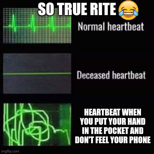OH poop | SO TRUE RITE; HEARTBEAT WHEN YOU PUT YOUR HAND IN THE POCKET AND DON'T FEEL YOUR PHONE | image tagged in heartbeat rate,funny,memes,funny memes,lol so funny,hahaha | made w/ Imgflip meme maker