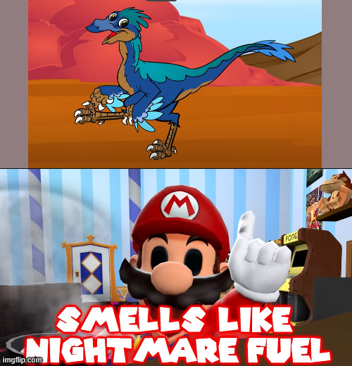 the Troodon from Howdytoons is CURSED | image tagged in mario smells the nightmare fuel | made w/ Imgflip meme maker