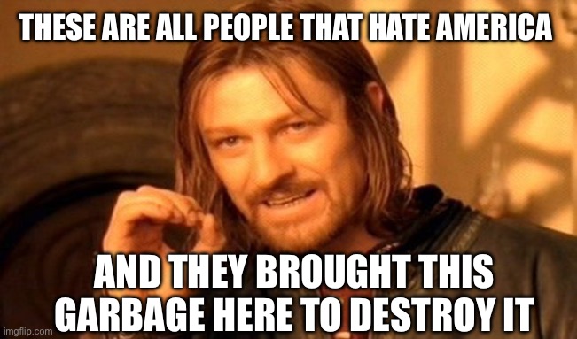 One Does Not Simply Meme | THESE ARE ALL PEOPLE THAT HATE AMERICA AND THEY BROUGHT THIS GARBAGE HERE TO DESTROY IT | image tagged in memes,one does not simply | made w/ Imgflip meme maker