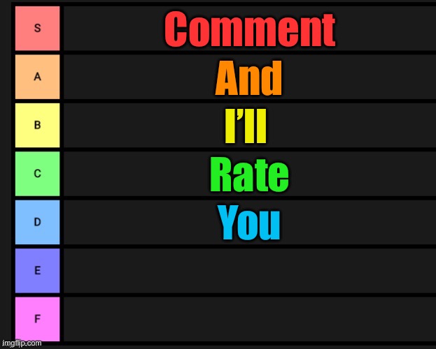 Tier List | Comment; And; I’ll; Rate; You | image tagged in tier list | made w/ Imgflip meme maker