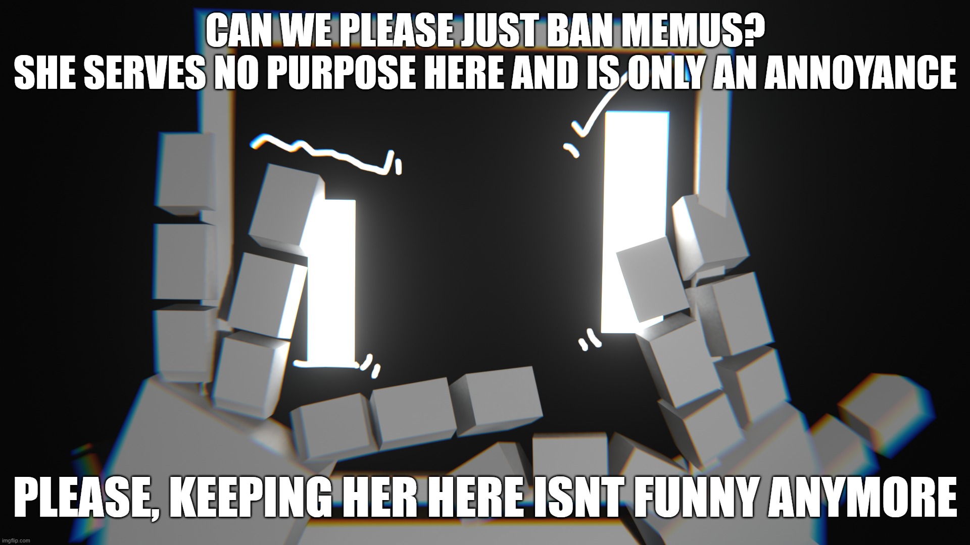 a humble request | CAN WE PLEASE JUST BAN MEMUS?
SHE SERVES NO PURPOSE HERE AND IS ONLY AN ANNOYANCE; PLEASE, KEEPING HER HERE ISNT FUNNY ANYMORE | made w/ Imgflip meme maker