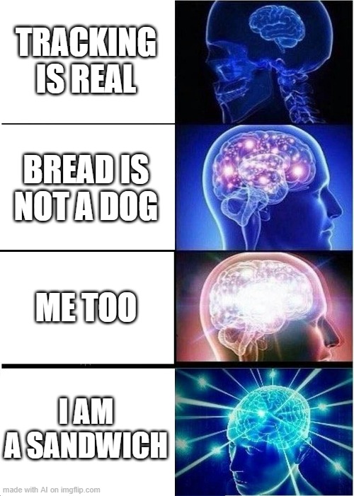 Bread is not a dog | TRACKING IS REAL; BREAD IS NOT A DOG; ME TOO; I AM A SANDWICH | image tagged in memes,expanding brain,funny | made w/ Imgflip meme maker