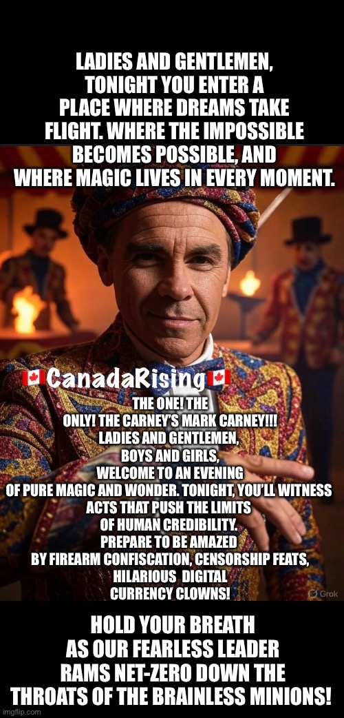 CanadaRising | LADIES AND GENTLEMEN, TONIGHT YOU ENTER A PLACE WHERE DREAMS TAKE FLIGHT. WHERE THE IMPOSSIBLE BECOMES POSSIBLE, AND WHERE MAGIC LIVES IN EVERY MOMENT. THE ONE! THE ONLY! THE CARNEY’S MARK CARNEY!!!
LADIES AND GENTLEMEN, 
BOYS AND GIRLS,
 WELCOME TO AN EVENING 
OF PURE MAGIC AND WONDER. TONIGHT, YOU’LL WITNESS 
ACTS THAT PUSH THE LIMITS 
OF HUMAN CREDIBILITY. 
PREPARE TO BE AMAZED 
BY FIREARM CONFISCATION, CENSORSHIP FEATS,
 HILARIOUS  DIGITAL 
CURRENCY CLOWNS! HOLD YOUR BREATH
 AS OUR FEARLESS LEADER
 RAMS NET-ZERO DOWN THE THROATS OF THE BRAINLESS MINIONS! | image tagged in canadian politics | made w/ Imgflip meme maker