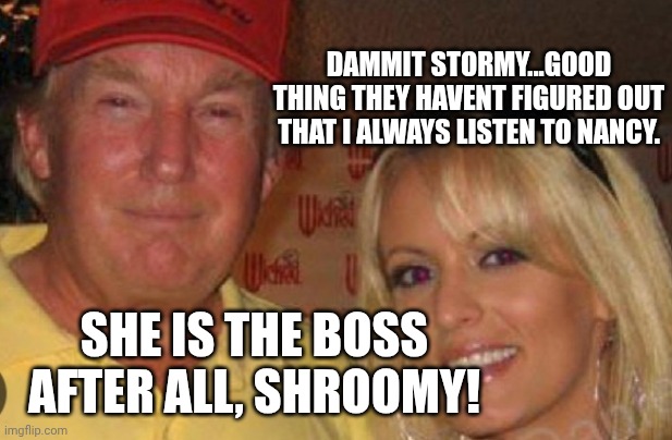 Side chick | DAMMIT STORMY...GOOD THING THEY HAVENT FIGURED OUT THAT I ALWAYS LISTEN TO NANCY. SHE IS THE BOSS AFTER ALL, SHROOMY! | image tagged in side chick | made w/ Imgflip meme maker