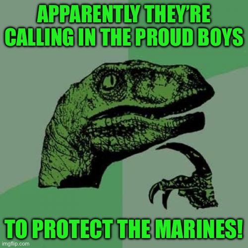 Philosoraptor | APPARENTLY THEY’RE CALLING IN THE PROUD BOYS; TO PROTECT THE MARINES! | image tagged in memes,philosoraptor | made w/ Imgflip meme maker