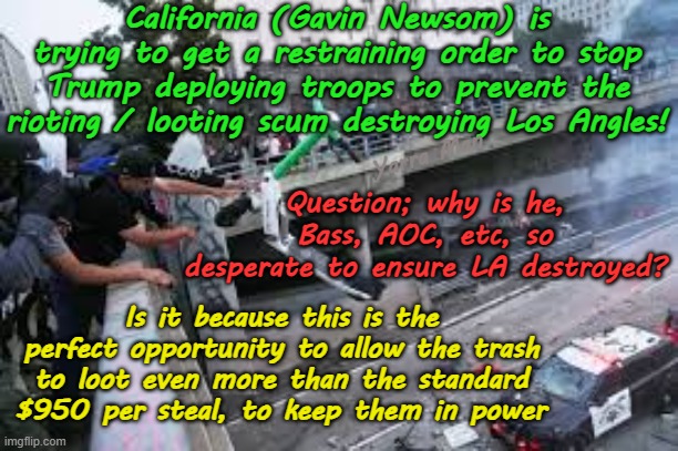 First destroy LA, then move onto other Democrat states and start looting and destroying them. | California (Gavin Newsom) is trying to get a restraining order to stop Trump deploying troops to prevent the rioting / looting scum destroying Los Angles! Yarra Man; Question; why is he, Bass, AOC, etc, so desperate to ensure LA destroyed? Is it because this is the perfect opportunity to allow the trash to loot even more than the standard $950 per steal, to keep them in power | image tagged in progressives far left,feral animals looting vandalizing,gavin newsom aoc karen bass,democrats,minnisota new york,hochul | made w/ Imgflip meme maker