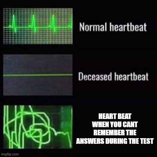 heartbeat rate | HEART BEAT WHEN YOU CANT REMEMBER THE ANSWERS DURING THE TEST | image tagged in heartbeat rate | made w/ Imgflip meme maker