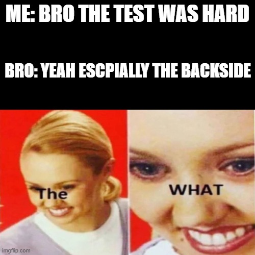 what did you say | ME: BRO THE TEST WAS HARD; BRO: YEAH ESCPIALLY THE BACKSIDE | image tagged in the what | made w/ Imgflip meme maker