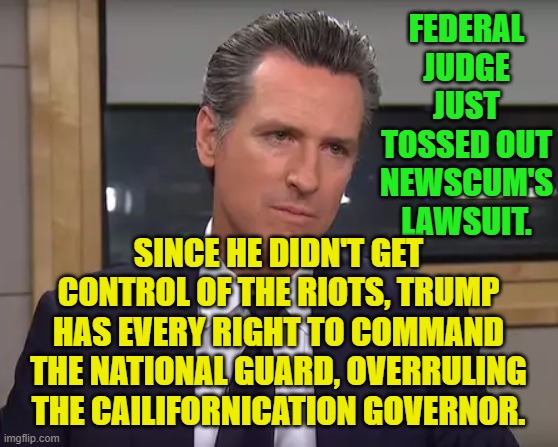 Governor California | FEDERAL JUDGE JUST TOSSED OUT NEWSCUM'S LAWSUIT. SINCE HE DIDN'T GET CONTROL OF THE RIOTS, TRUMP HAS EVERY RIGHT TO COMMAND THE NATIONAL GUARD, OVERRULING THE CAILIFORNICATION GOVERNOR. | image tagged in governor california | made w/ Imgflip meme maker