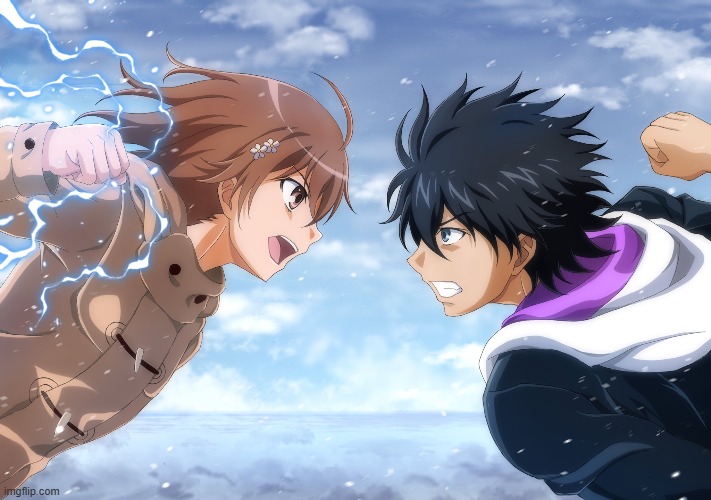 Mikoto VS. Touma | image tagged in mikoto,toaru,touma,battle,based | made w/ Imgflip meme maker