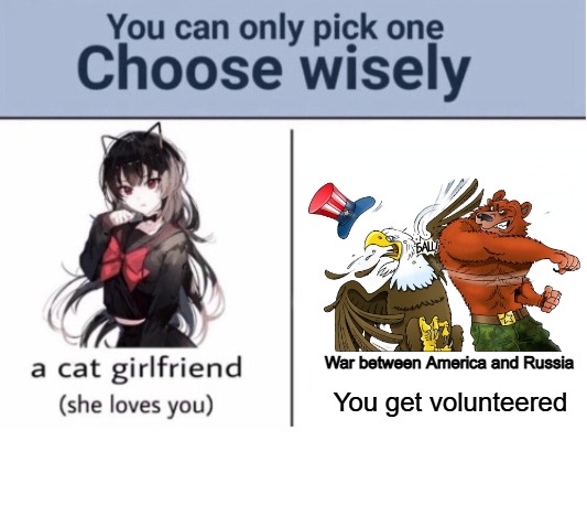 Choose wisely | War between America and Russia; You get volunteered | image tagged in choose wisely,slavic lives matter,russo-american war- | made w/ Imgflip meme maker