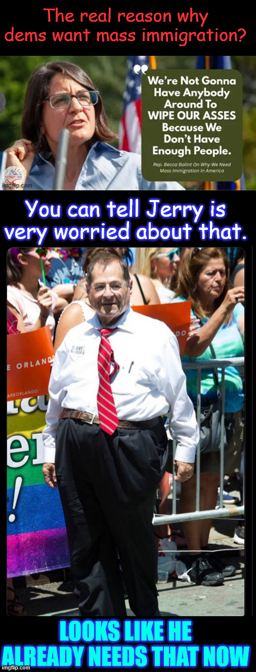The real reason why dems want mass immigration? | The real reason why dems want mass immigration? You can tell Jerry is very worried about that. LOOKS LIKE HE ALREADY NEEDS THAT NOW | image tagged in dems,want,to ruin america,mass immigration | made w/ Imgflip meme maker