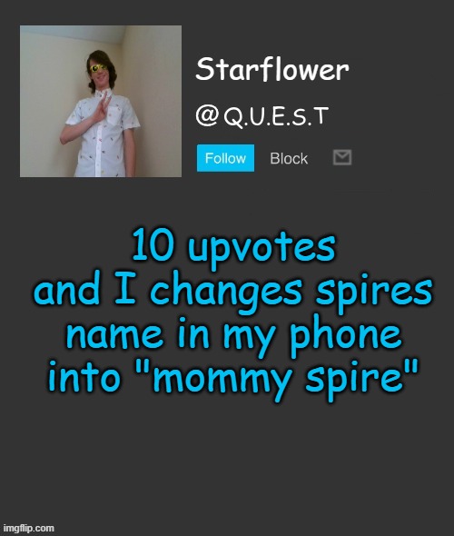 meme | 10 upvotes and I changes spires name in my phone into "mommy spire" | image tagged in starflower quest template | made w/ Imgflip meme maker